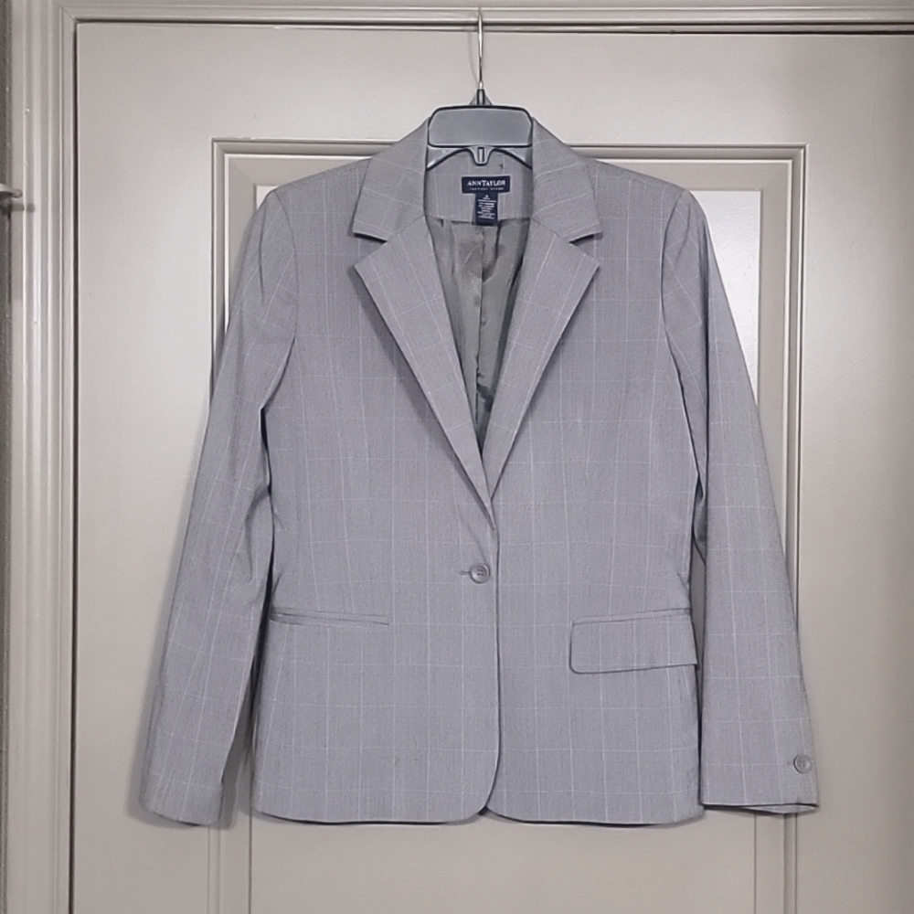 Ann Taylor factory blazer gray with black and baby blue plaid